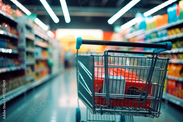 Obraz Supermarket background featuring a shopping cart, symbolizing discounts and Black Friday purchases.