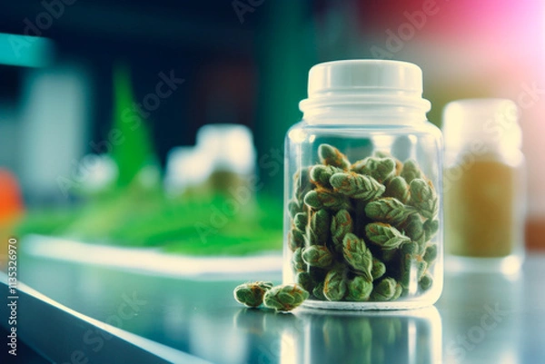 Obraz Container of cannabis leaves in a research lab setting, examining their role in medical treatments.