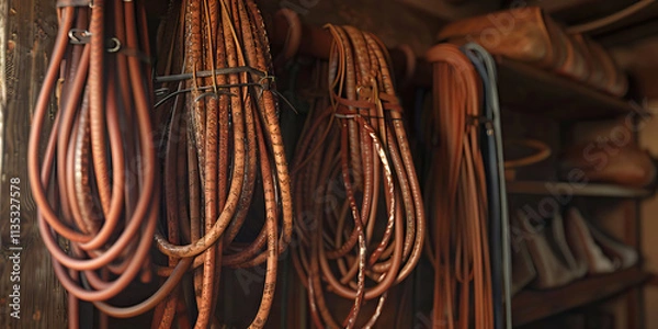 Fototapeta Collection of Brown Leather Hoses and Straps Hanging in Wooden Storage