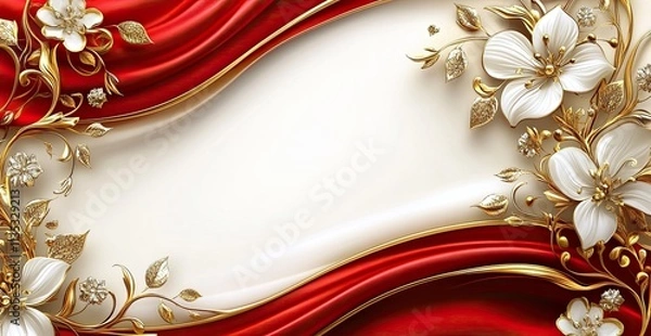 Obraz Red banner with golden decoration on a white background, vector illustration. Incredibly detailed, sharp focus