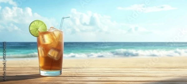 Obraz Refreshing Iced Tea on a Sunny Beach with Ocean View for Summer Vacations