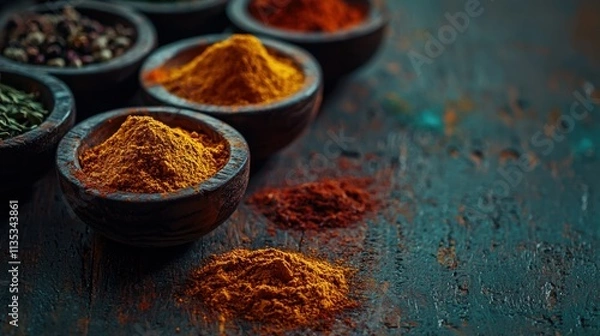 Obraz Vibrant Spices Arrangement: Paprika, Turmeric, and Cumin for Rustic Culinary Design