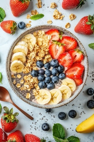 Obraz Bright Smoothie Bowl Featuring Fresh Fruit and Granola on Marble Background for Healthy Living