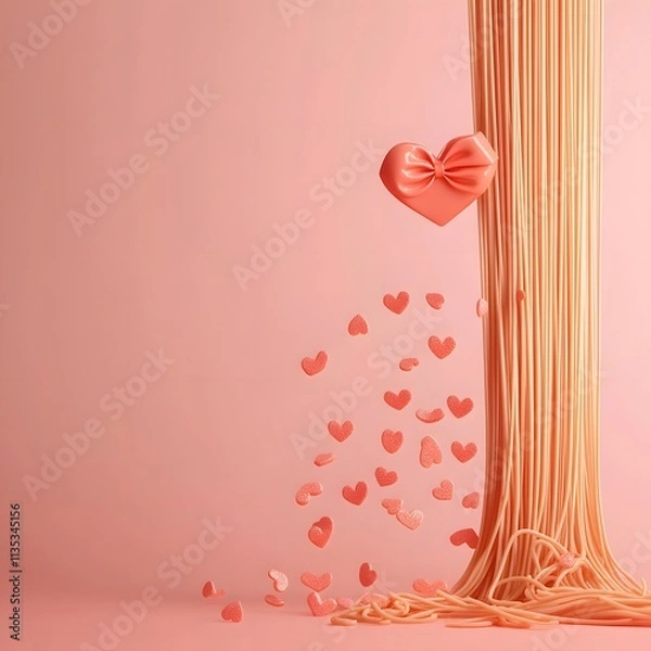 Fototapeta Valentine idea message with hearts and spaghetti on pink background.