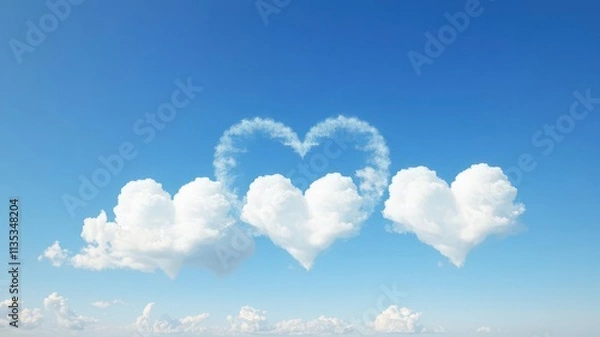 Fototapeta Three pristine white heart-shaped clouds drift serenely against a vibrant blue sky, romance,clean