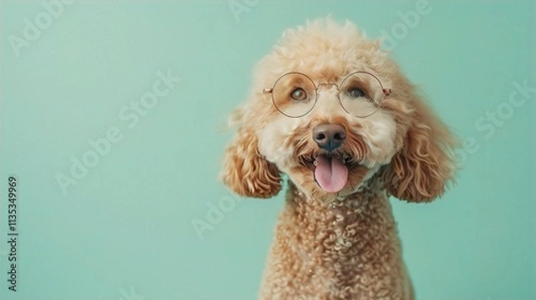 Fototapeta : A friendly Golden Doodle with oversized, round glasses, standing joyfully against a solid light green background. The glasses enhance the dog???s warm, approachable demeanor.