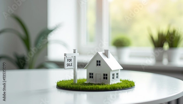 Fototapeta White miniature deattached house on table with 'For Sale' sign - Generative AI