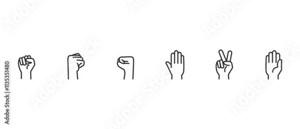 Fototapeta Simple open hand gesture linear icons set. Clenching fist gesture, peace and love. Hand icon set. Contains hand gestures vector icons in line form isolated on transparent background. Editable stroke.