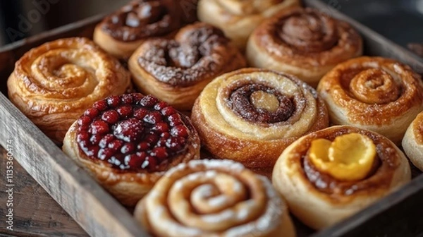 Fototapeta Assorted cinnamon rolls in a wooden crate.