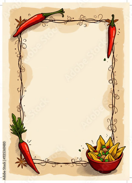 Fototapeta Colorful frame design featuring chili peppers and a bowl of nachos, perfect for food menus or recipes.