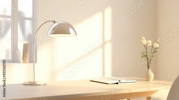 Fototapeta Modern minimalist workspace with elegant chrome desk lamp and soft lighting