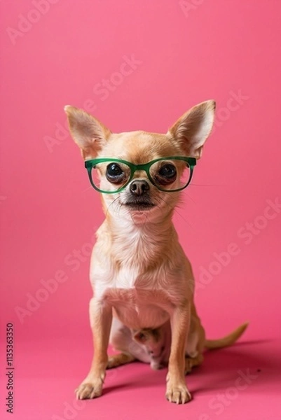 Fototapeta A small Chihuahua with tiny, green glasses, standing confidently against a solid pink background. The glasses add a playful and quirky touch to the dog???s appearance.