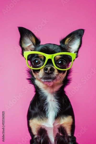 Fototapeta : A small Chihuahua with tiny, green glasses, standing confidently against a solid pink background. The glasses add a playful and quirky touch to the dog???s appearance.