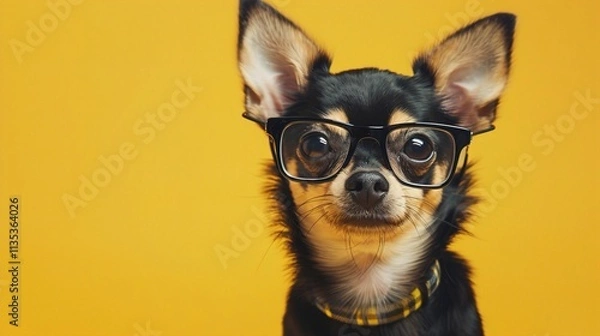 Fototapeta : A small Chihuahua with tiny, wire-framed glasses, sitting with a poised expression against a solid yellow background. The glasses give the dog a sophisticated, sharp look.