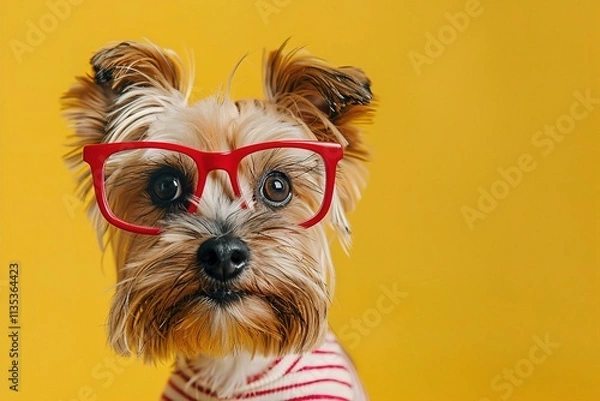 Fototapeta : A small Yorkshire Terrier with tiny, red-rimmed glasses, standing proudly against a solid pastel yellow background. The glasses add a cute and spunky touch to the dog???s look.