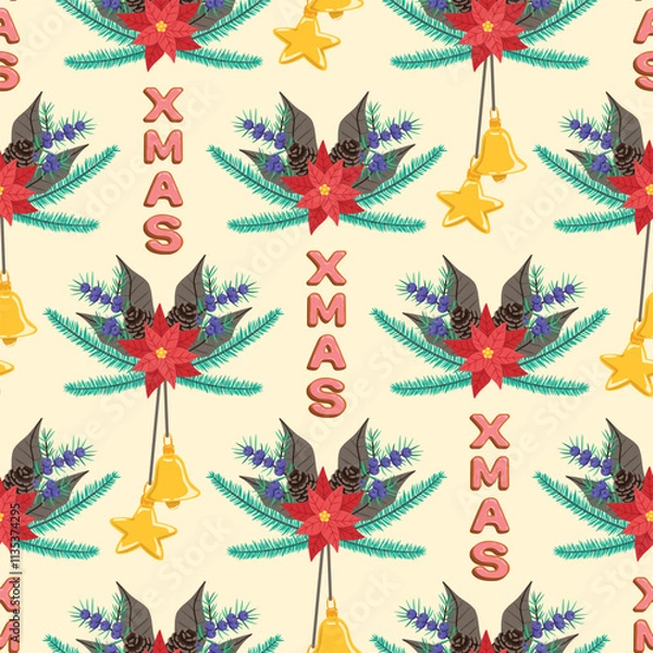 Fototapeta Seamless Christmas pattern. Holiday background with Christmas elements. Cartoon texture for fabric, wallpaper, wrapping paper.