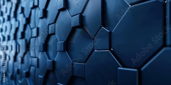 Fototapeta Hexagonal tiles arranged to create a dark blue wall, with a polished, futuristic background formed from 3D cubes. 3D Render.