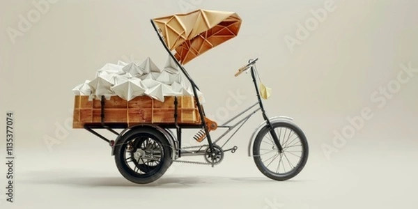 Fototapeta Pedal-powered cart with a huge delivery basket made from origami paper craft. Side view, high resolution. Super details, hyper maximalist, ultra-realistic. 3D render