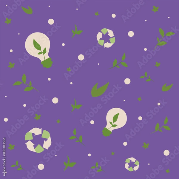 Fototapeta Creative illustration of eco-friendly elements on a vibrant purple background with light bulbs