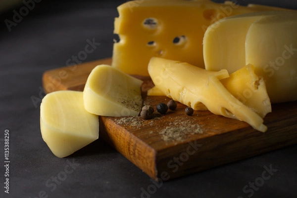 Obraz different types of cheese on wooden board on black background. Cheese product cut into pieces on cutting board