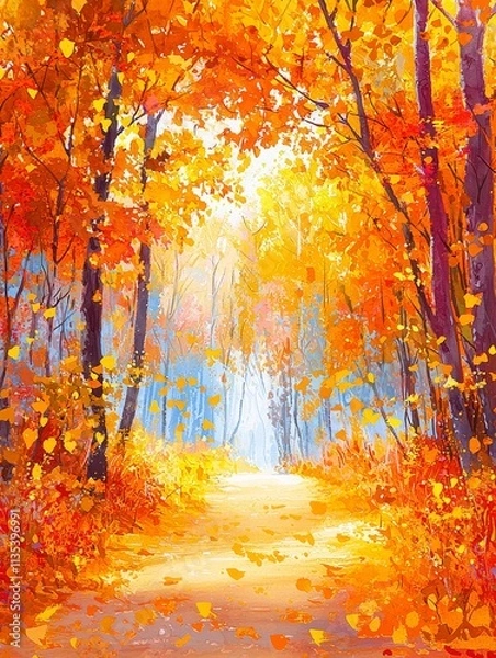 Fototapeta Vibrant autumn forest path with golden leaves and soft light.