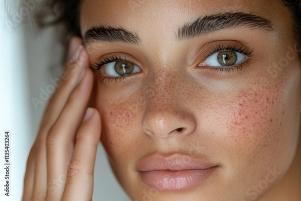 Fototapeta A beautiful model with freckles gently touching her face in soft light, conveying a sense of serenity and introspection in a serene atmosphere.