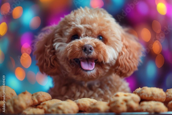 Obraz Adorable cockapoo puppy with cookies in a colorful bokeh background looks cute and happy
