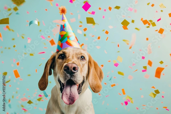 Obraz Happy dog wearing a colorful party hat surrounded by confetti at a festive celebration