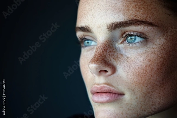 Fototapeta A striking close-up portrait highlighting a woman with stunning freckles and captivating blue eyes, embodying natural beauty and serene expression against a dark backdrop.
