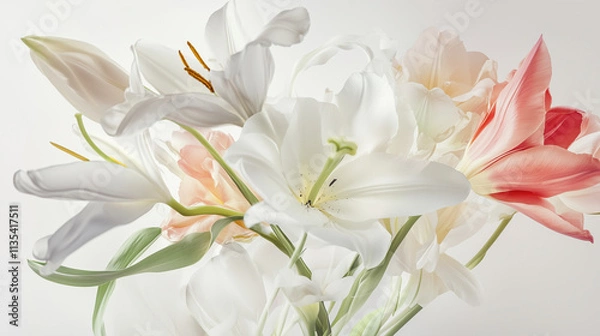 Obraz Close-up of a beautiful white Easter lily with soft sunlight streaming through the petals, delicate and pure atmosphere, classic Easter flower 