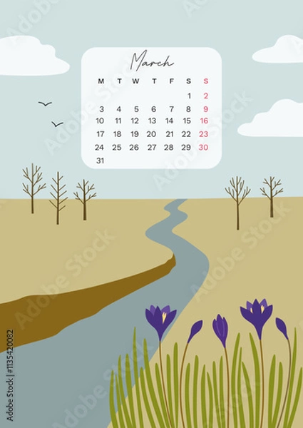 Fototapeta Calendar of march 2025 with hand drawn illistration inspired by nature and spring season. Week start from Monday. Poster with landscape of river and flowers crocuses