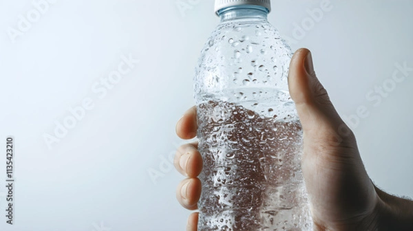 Fototapeta Close-up of a hand holding a water bottle with droplets