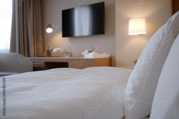 Fototapeta A charming bedroom setup featuring plush bedding, a wall-mounted TV, and elegant decor that promotes a sense of coziness and inviting atmosphere for relaxation.