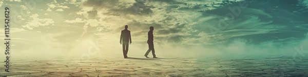 Fototapeta Two Figures on a Cracked Landscape Under a Divided Sky