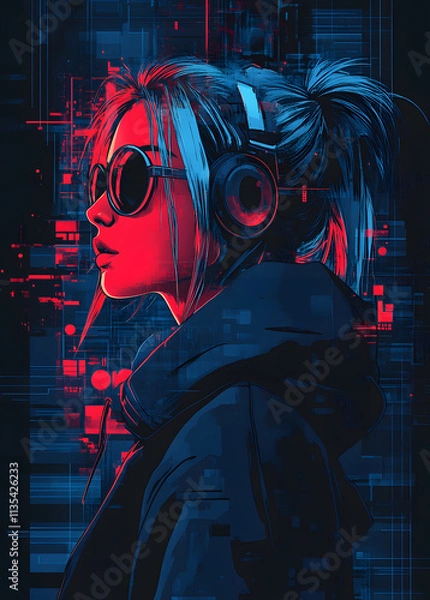 Obraz Unique digital portrait of a stylish woman with headphones and glitch effects in vibrant colors