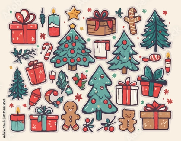 Fototapeta Merry Christmas vintage cute stickers. Hand drawn of traditional winter decorations and icons. Christmas tree, gift boxes, wreath, bell, holly, candles, gingerbread. Vector flat illustration.