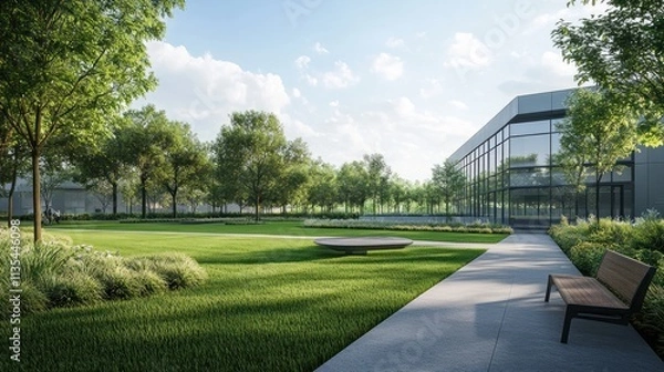 Fototapeta Modern Corporate Campus: Serene Landscaping and Architecture