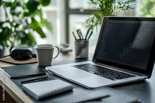 Fototapeta Modern workspace with laptop, coffee, and plants. Concept of productivity, work from home, and digital nomad.
