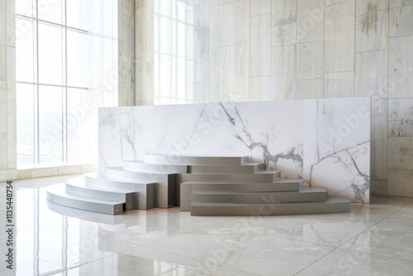 Fototapeta A modern, minimalist interior featuring curved steps against a marble backdrop.