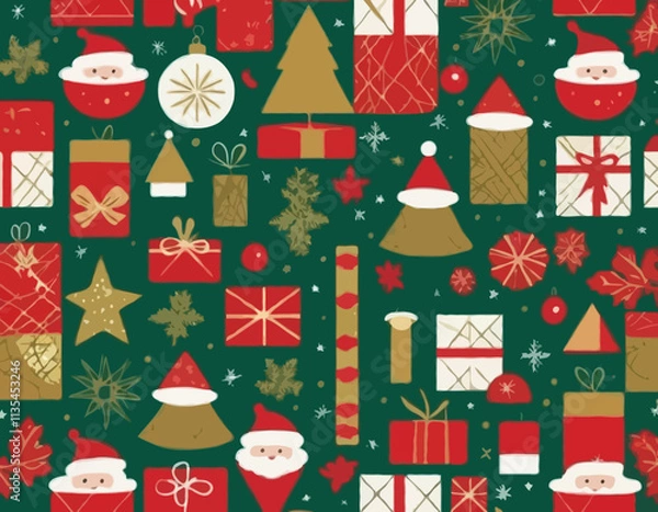 Fototapeta Christmas geometric seamless pattern with holiday icons elements  for wrapping paper, background, wallpaper. Trendy modern contemporary abstract print. Red, green, gold colors.