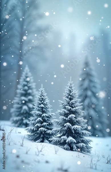 Fototapeta Snowy winter scene shows snow covered trees in forest. Soft light creates serene, tranquil atmosphere. Light blue sky with falling snow adds to magical, peaceful ambiance. Festive winter landscape