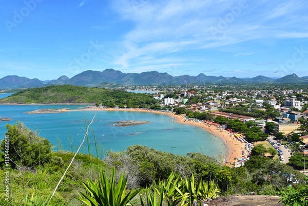 Fototapeta Tropical sandy beach with blue water in Guarapari in the state of Espirito Santo in Brazil