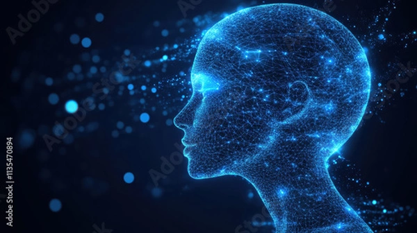 Fototapeta A blue digital human head composed of glowing lines, close-up side view