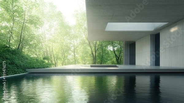 Fototapeta Tranquil Modern Architecture: Serene Poolside Sanctuary in Lush Greenery