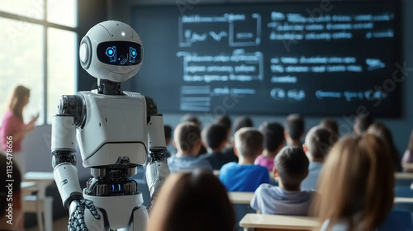 Fototapeta A photograph of an AI robot teacher standing in front of a university classroom