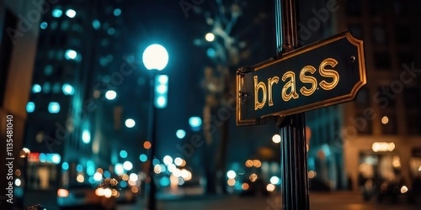 Fototapeta A vibrant cityscape at night captures the enchanting ambiance with glowing streetlights and a brass street sign in sharp focus against a blurred background.