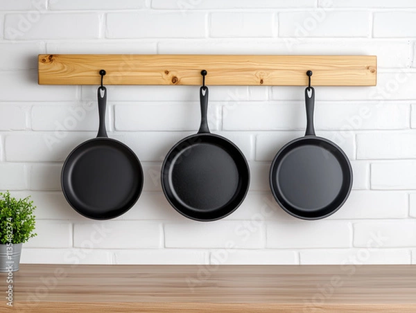 Fototapeta Three Black Frying Pans on Wooden Rack Against White Brick Wall