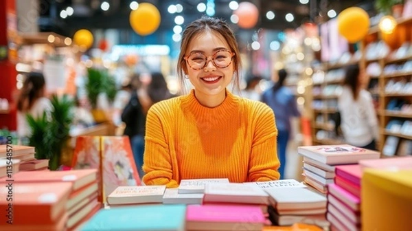 Obraz Smiling woman surrounded by towering stacks of paper and manuscripts in a bright office, symbolizing the hard work and dedication of the publishing industry for Book Publishers Day.