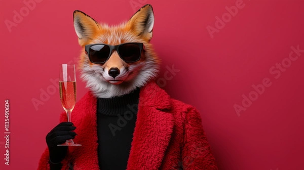 Fototapeta Anthropomorphic Fox in Red Coat with Champagne Flute