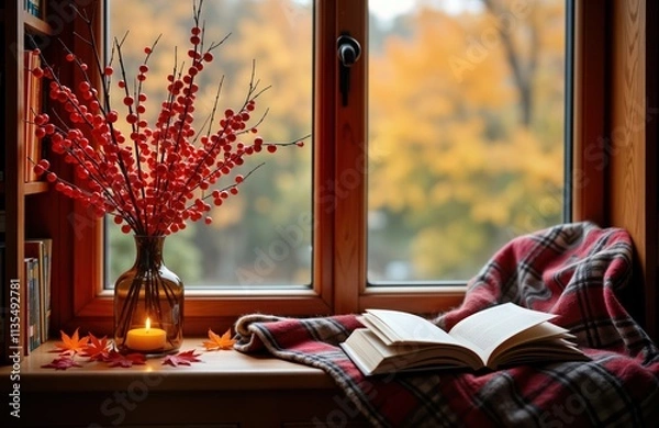 Fototapeta Autumn scene by window. Cozy blanket and open book. Red berries vase and autumn leaves. Warm autumn day indoors. Relaxing atmosphere. Enjoying nature view. Perfect for a fall day in home library.
